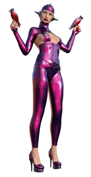 Chica Cyborg Con Armas Fuego Vestido Rojo Ilustración —  Fotos de Stock