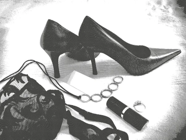 Zapatos Lencería Tacón Alto Para Mujer Dibujo Línea Blanco Negro — Foto de Stock