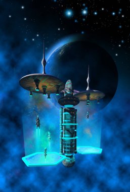 space station near a alien planet and nebula, 3d illustration