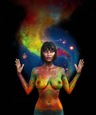 Afro-Amerikalı genç bir kadın, 3 boyutlu bir fantezi kızı, sihirli bir kız.