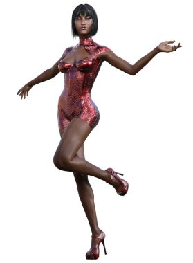 Kırmızı metalik elbiseli çekici Afro-Amerikan kadın, fütürist kız, 3D çizim