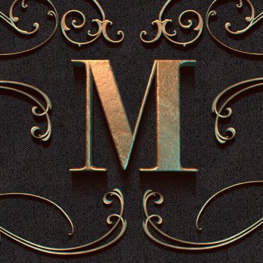 Altın 3d alfabe ve dekorasyon, m harfi, 3d illüstrasyon