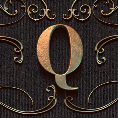 Altın 3d alfabe ve dekorasyon, Q harfi, 3d illüstrasyon