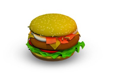 Beyaz arkaplanda hamburger, 3 boyutlu illüstrasyon