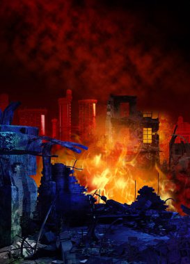 Şehirde yangın, şehir felaketi, büyük yangın ve yıkılan binalar, gelecekteki manzara, 3D görüntüleme