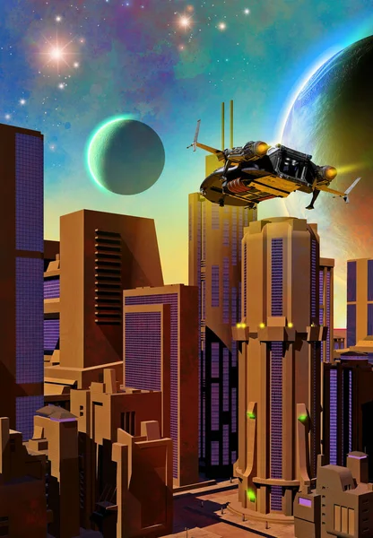 Futuristisk Stad Natten Rymdskepp Flyger Himlen Främmande Planetsystem Illustration — Stockfoto