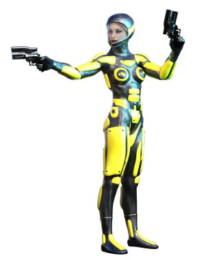 Sarı ve siyah üniformalı fütürist savaşçı. Üzerinde silahlar, astronotlar ve 3D çizimler var.
