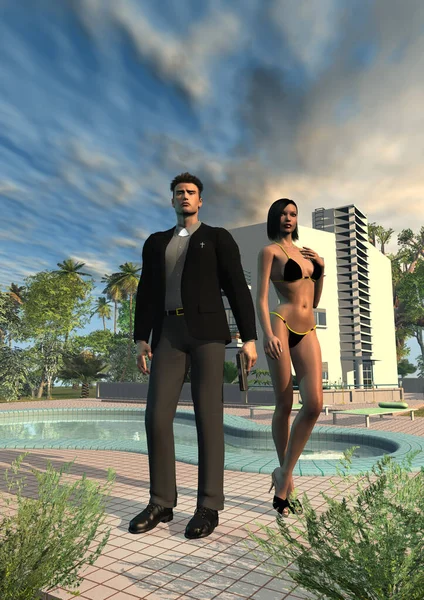 城市里的一对夫妇 拿着枪的商人和一个穿着比基尼的女人 3D插图 — 图库照片