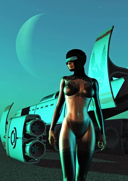 Futuristická Žena Noci Kosmická Loď — Stock fotografie