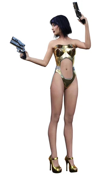 Futuristická Žena Kovovém Zlatém Obleku Zbraněmi — Stock fotografie