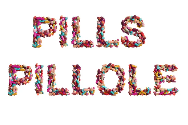 Pills Pillole Alphabet Word Made Multicolored Pills Rendering — Stock Photo, Image