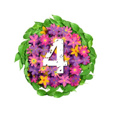 3 boyutlu alfabe, büyük harf 4 numaralı çiçek ve yapraklar üzerinde beyaz numara, 3 boyutlu oluşturma