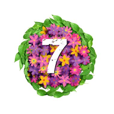 3d alfabesi, büyük harf. Çiçekler ve yapraklar üzerinde 7 numara, 3d görüntüleme.