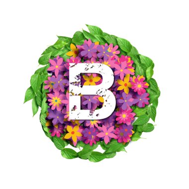 3d alfabe, büyük harf. Çiçekler üzerine beyaz harf B ve arkaplan, 3d oluşturma
