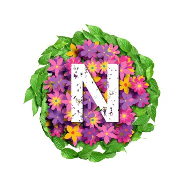 3d alfabe, büyük harf. Çiçeklerin üzerindeki N harfi ve arkaplan bırakması, 3d oluşturma