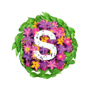 3d alfabe, büyük harf. Çiçeklerin üzerindeki beyaz S harfi. Arka plan ise 3d.