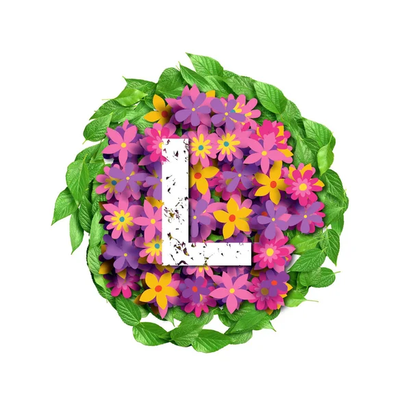 3D字母表 大写字母L Flowers Leaves Background Rendering — 图库照片