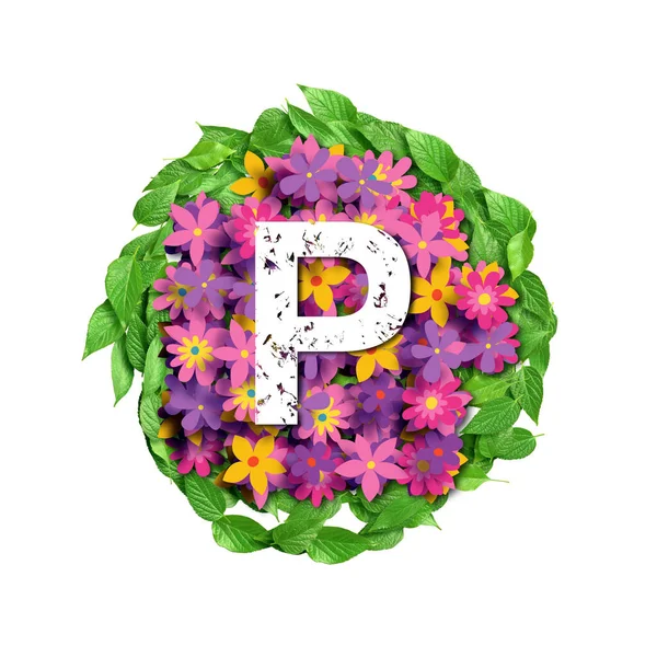 Alphabet Großbuchstaben Weißer Buchstabe Auf Blumen Und Blättern Hintergrund Rendering — Stockfoto