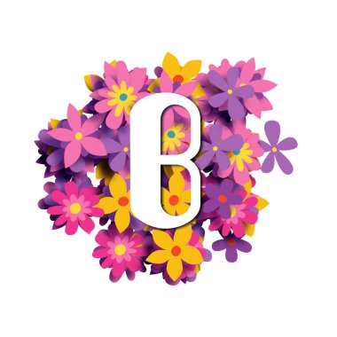 B harfi, beyaz yuvarlak yazı tipi çok renkli çiçek arkaplanı, 3 boyutlu illüstrasyon, yaratıcı alfabe