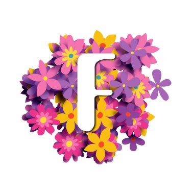 F harfi, beyaz yuvarlak yazı tipi çok renkli çiçek arkaplanı, 3 boyutlu illüstrasyon, yaratıcı alfabe