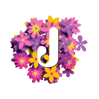 J harfi, beyaz yuvarlak yazı tipi çok renkli çiçek arkaplanı, 3 boyutlu illüstrasyon, yaratıcı alfabe