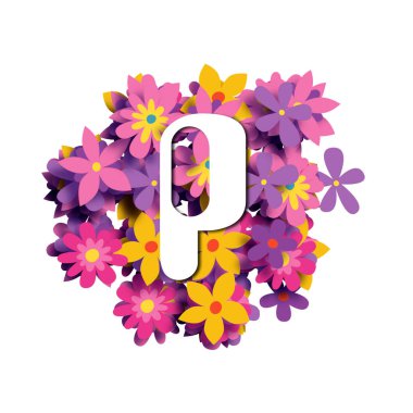 P harfi, beyaz yuvarlak yazı tipi çok renkli çiçek arkaplanı, 3 boyutlu illüstrasyon, yaratıcı alfabe