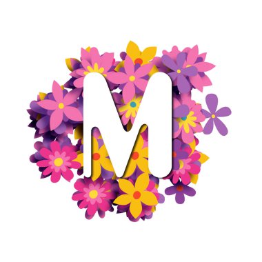 M harfi, beyaz yuvarlak yazı tipi çok renkli çiçek arkaplanı, 3 boyutlu illüstrasyon, yaratıcı alfabe