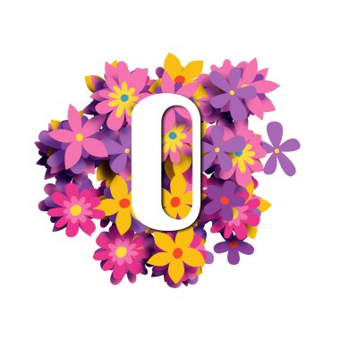 O harfi, beyaz yuvarlak yazı tipi çok renkli çiçek arkaplanı, 3 boyutlu illüstrasyon, yaratıcı alfabe