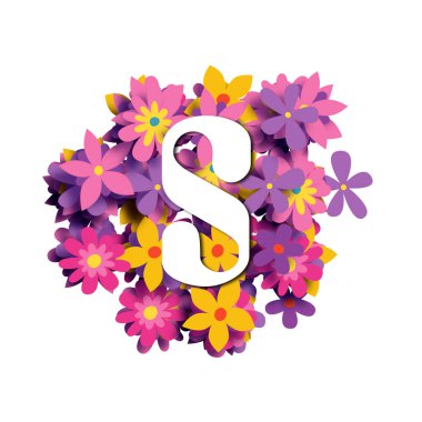 S harfi, beyaz yuvarlak yazı tipi çok renkli çiçek arkaplanı, 3 boyutlu illüstrasyon, yaratıcı alfabe
