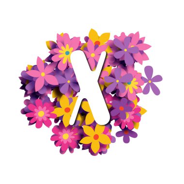 X harfi, beyaz yuvarlak yazı tipi çok renkli çiçek arkaplanı, 3 boyutlu illüstrasyon, yaratıcı alfabe