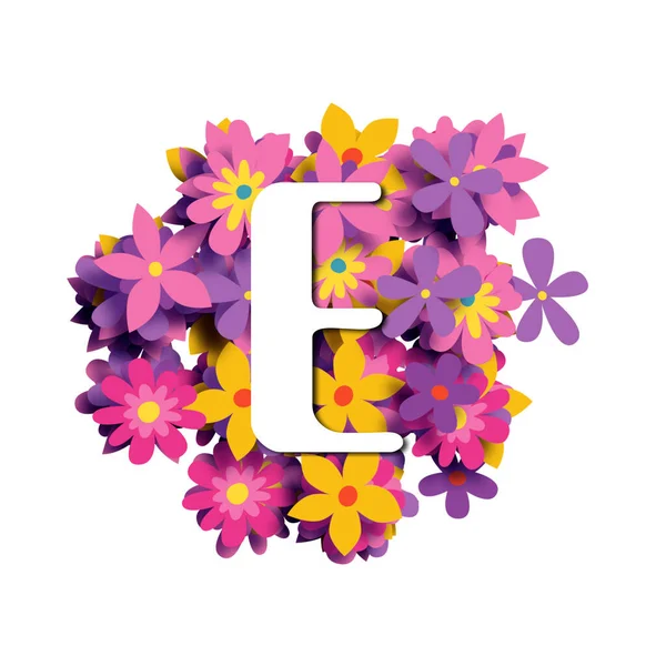 字母E 五颜六色花背景上的白色圆形字体 3D插图 创造性字母表 — 图库照片