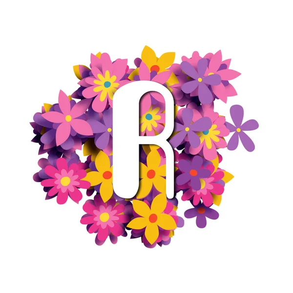 文字R 多色の花の背景に白い丸みを帯びたフォント 3Dイラスト 創造的なアルファベット — ストック写真