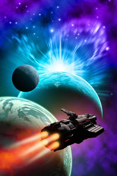 spaceship Flying in alien planetary system, 3d illustration