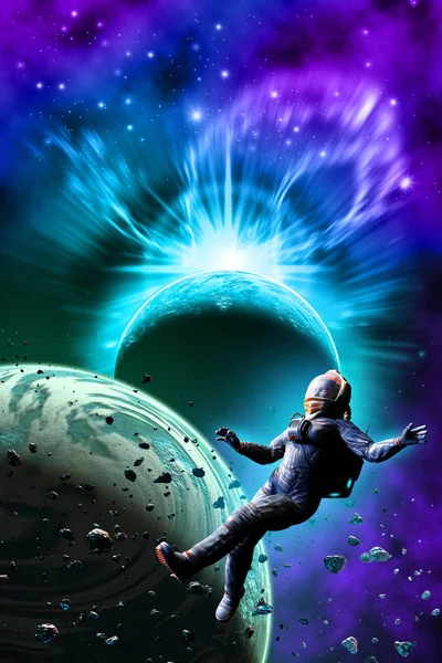 astronaut floating in space, alien planetary system, 3d illustration