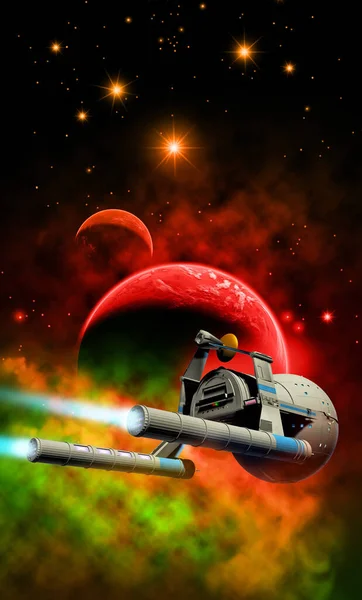 spaceship near a alien Planet with Moon and nebula, 3d illustration