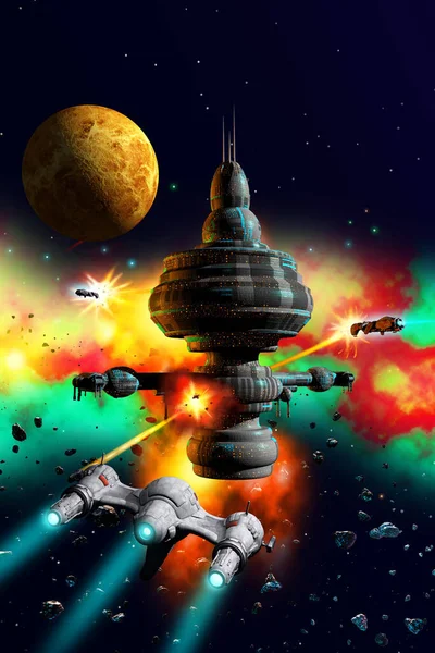 Space battle, alien spaceships attacking a space station, 3d illustration