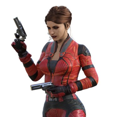 Silahlı gelecekten gelen savaşçı kadın, 3D çizim.