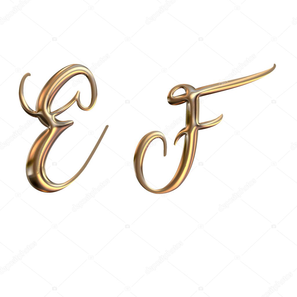 3d alphabet, golden letter E F  3d rendering