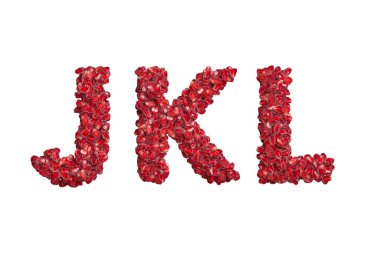 3D alfabe, JKL harfleri nar tanelerinden yapılmış, 3D illüstrasyon.