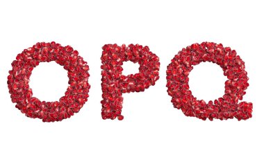 3D alfabe, OPQ harfleri nar tanelerinden yapılmış, 3D illüstrasyon.