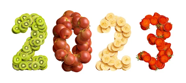 Nieuwjaar 2023 Nummers Gemaakt Van Fruit Kiwi Banaan Appel Aardbei — Stockfoto