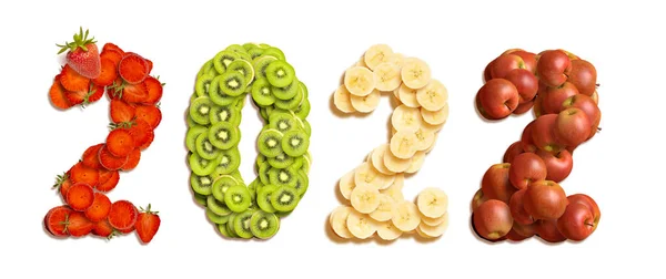 Nieuwjaar 2022 Nummers Gemaakt Van Fruit Kiwi Banaan Appel Aardbei — Stockfoto