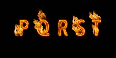3d alfabesi, siyah arkaplanda ateşten harfler, PQRST