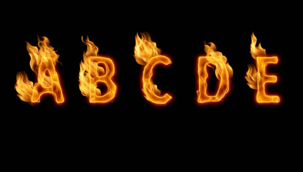 3Dアルファベット 黒を背景に火で作られた文字 Abcde — ストック写真