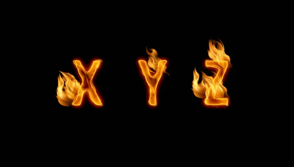 Alfabeto Letras Hechas Fuego Sobre Fondo Negro Xyz —  Fotos de Stock