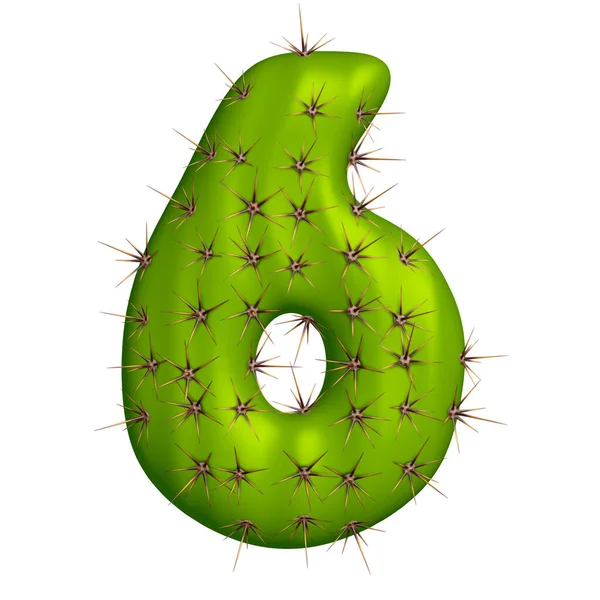 Number six made of cactus, 3d illustration, green alphabet on White background