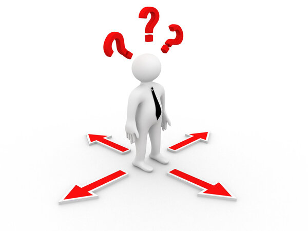 3d man thinking and confusing with many arrows showing different directions wondering which way to go