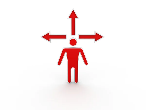 3d man standing in front of three arrows showing three different directions wondering which way to go over white background — Stock Photo, Image