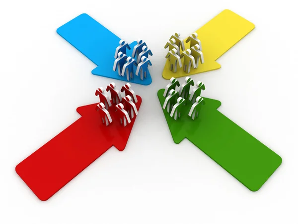 Four groups of people meet and connect at intersection of four arrows — Stock Photo, Image