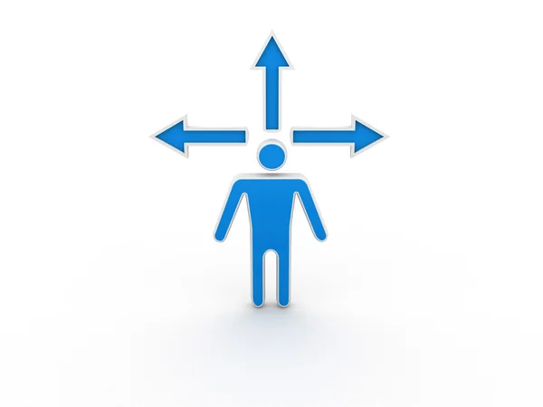 3d man standing in front of three arrows showing three different directions wondering which way to go over white background — Stock Photo, Image